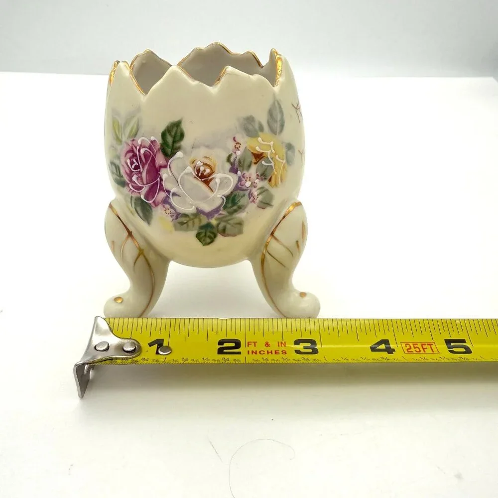INARCO Broken Egg Planter Footed Vase Vtg 60s Hand Painted Roses Easter Spring